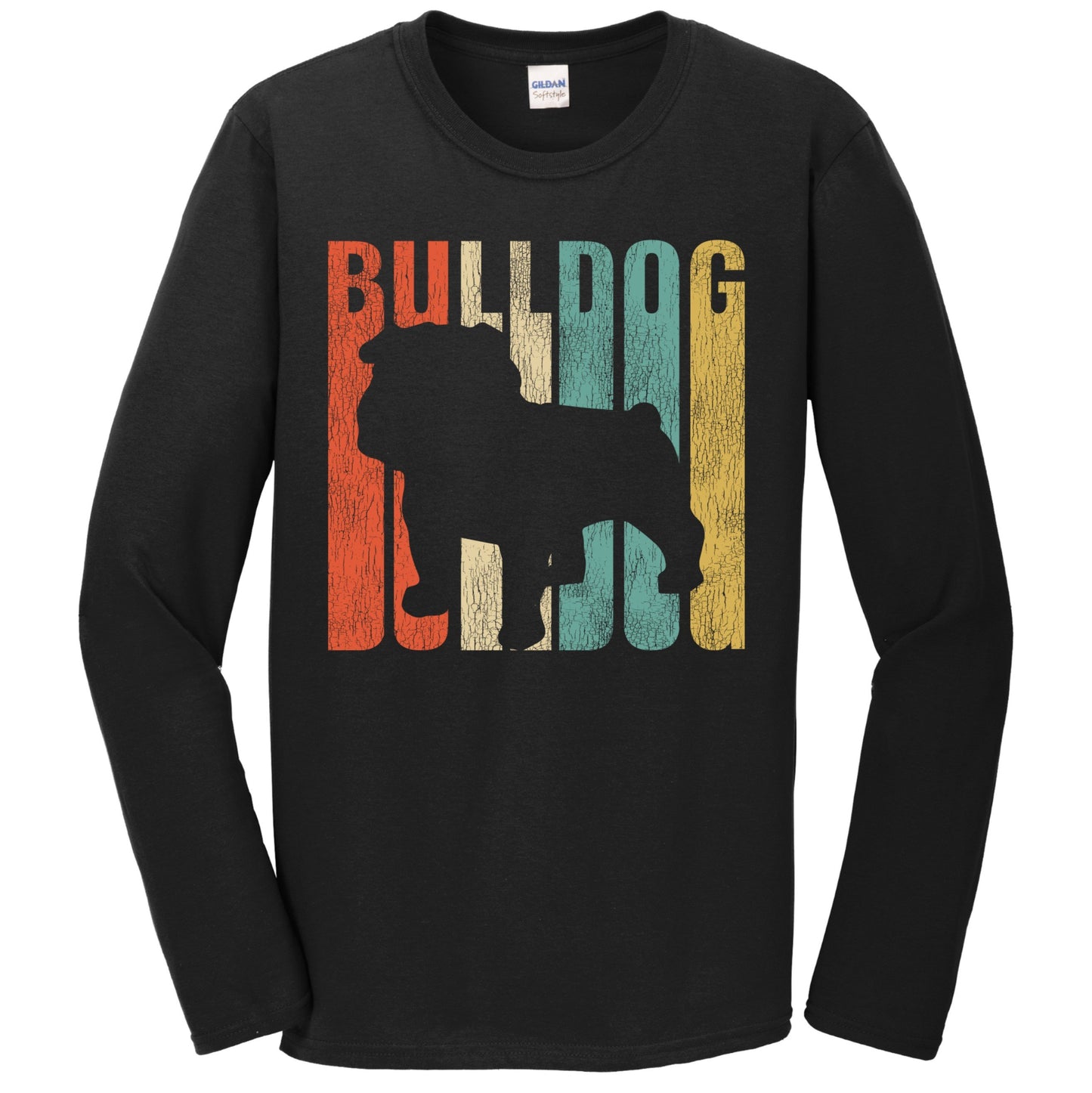 Retro 1970's Style English Bulldog Dog Silhouette Bulldog Cracked Distressed Long Sleeve T-Shirt