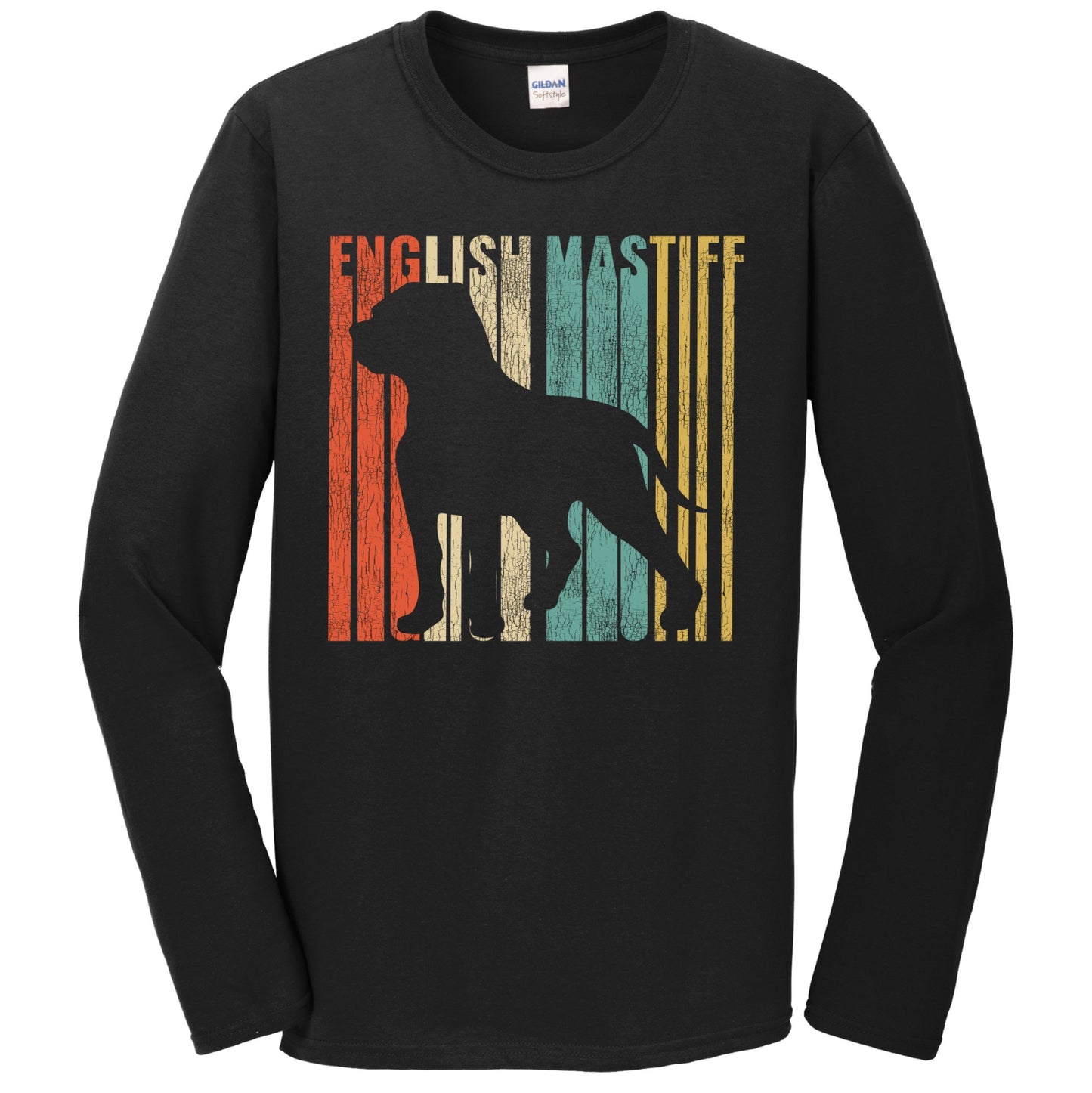 Retro 1970's Style English Mastiff Dog Silhouette Cracked Distressed Long Sleeve T-Shirt