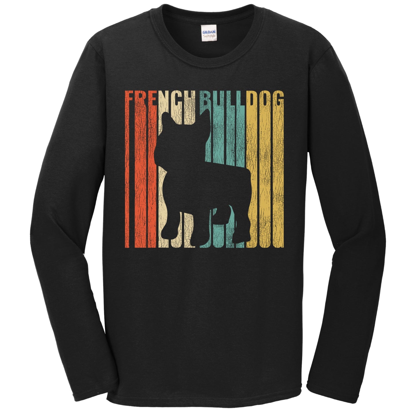 Retro 1970's Style French Bulldog Dog Silhouette Frenchie Cracked Distressed Long Sleeve T-Shirt