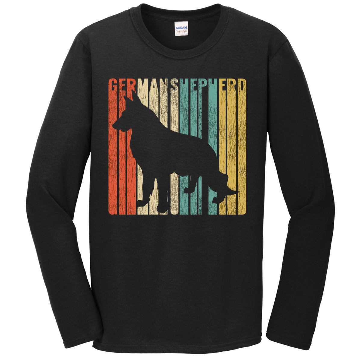 Retro 1970's Style German Shepherd Dog Silhouette Cracked Distressed Long Sleeve T-Shirt