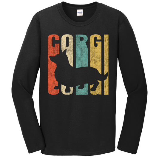 Retro 1970's Style Pembroke Welsh Corgi Dog Silhouette Corgi Cracked Distressed Long Sleeve T-Shirt