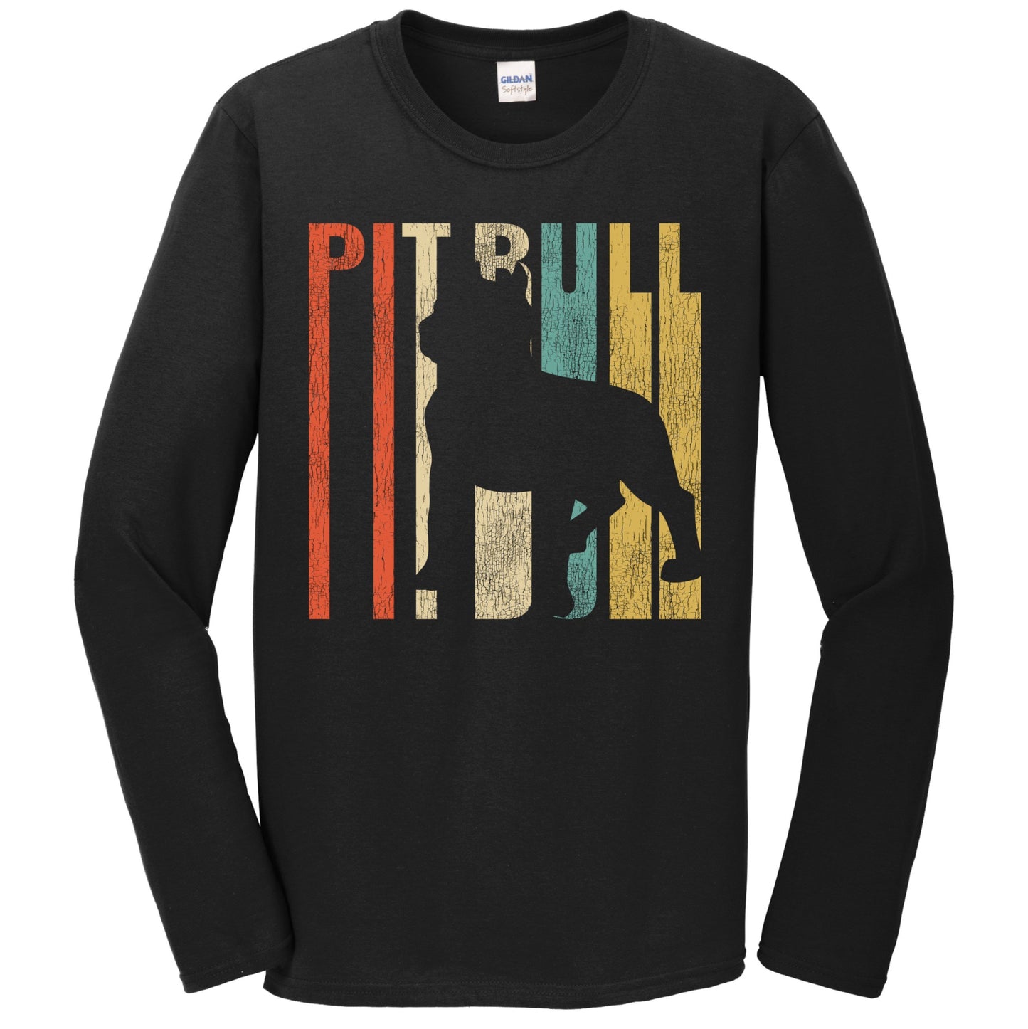 Retro 1970's Style Pit Bull Dog Silhouette Pitty Cracked Distressed Long Sleeve T-Shirt