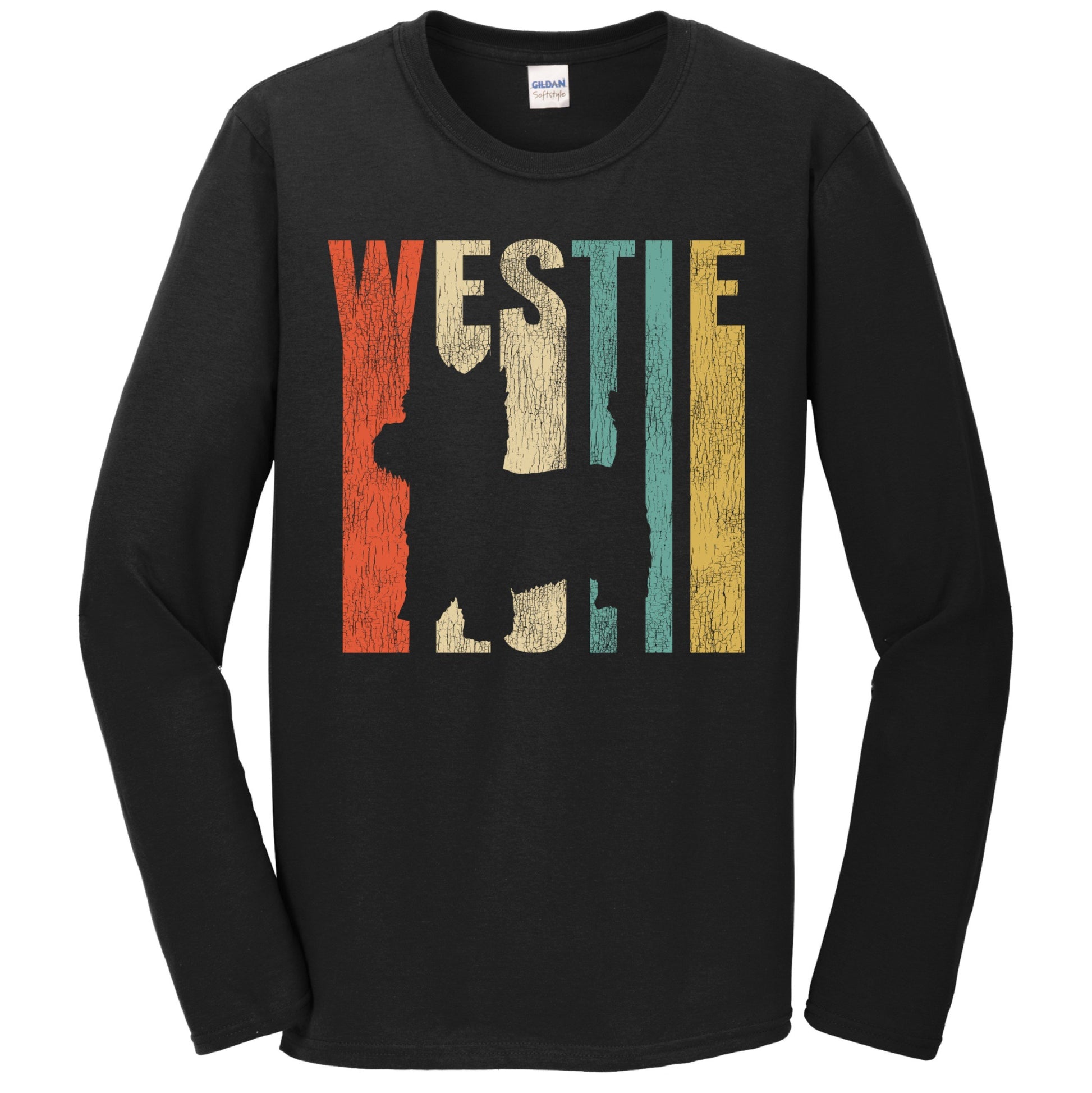 Retro 1970's Style West Highland White Terrier Dog Silhouette Westie Cracked Distressed Long Sleeve T-Shirt