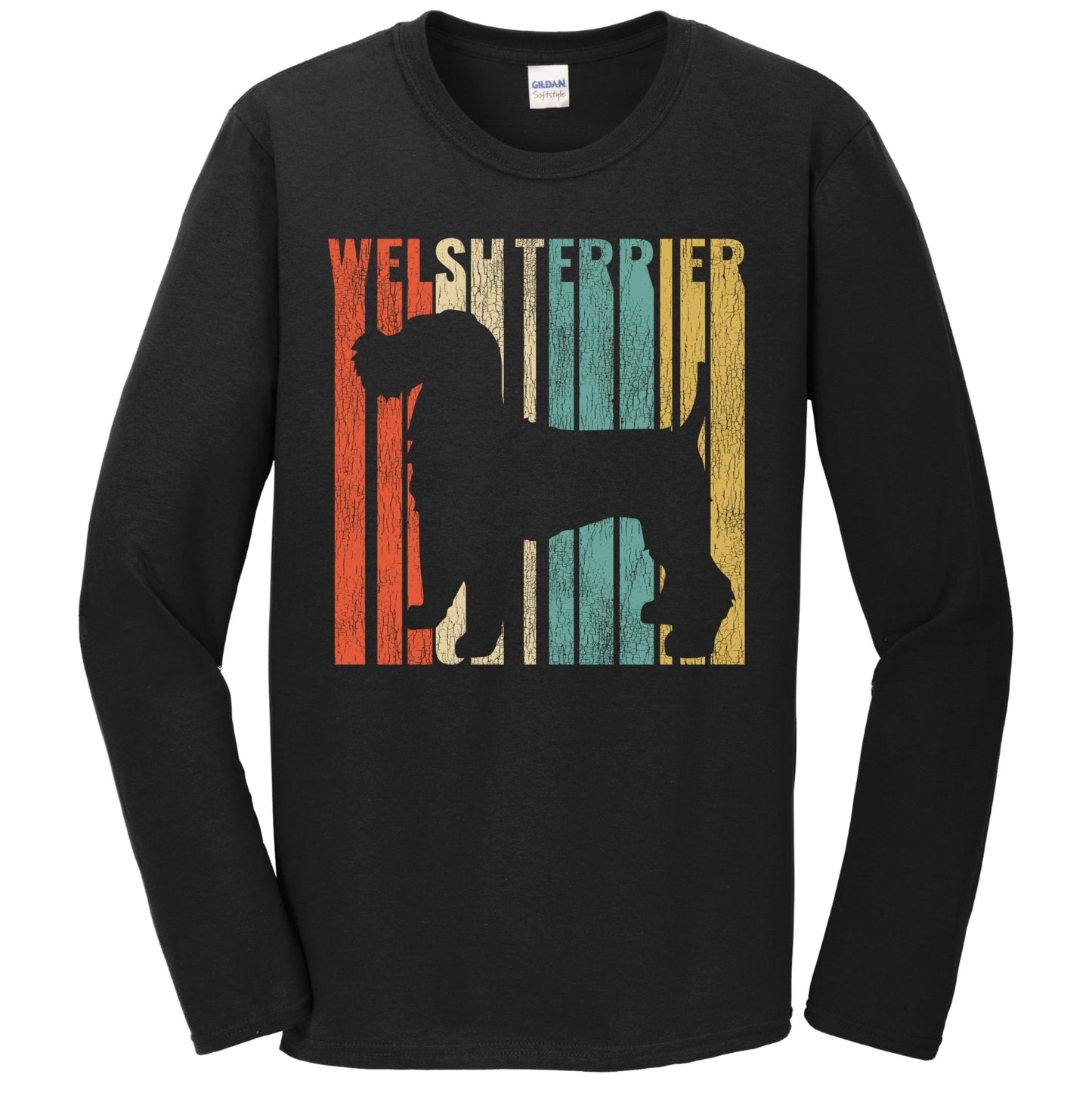 Retro 1970's Style Welsh Terrier Dog Silhouette Cracked Distressed Long Sleeve T-Shirt