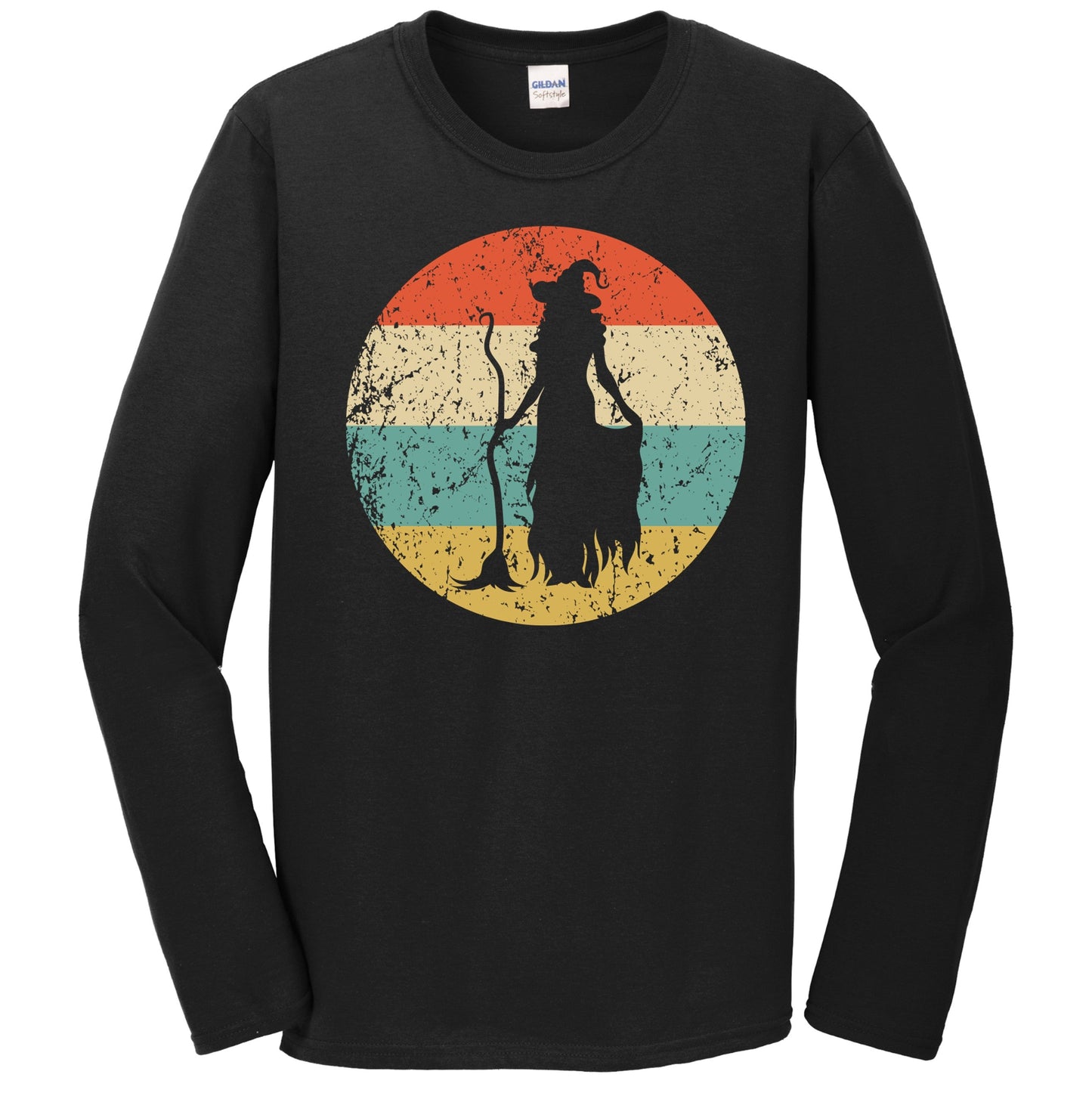 Retro Spooky Scary Witch with Broom Silhouette Halloween Long Sleeve T-Shirt