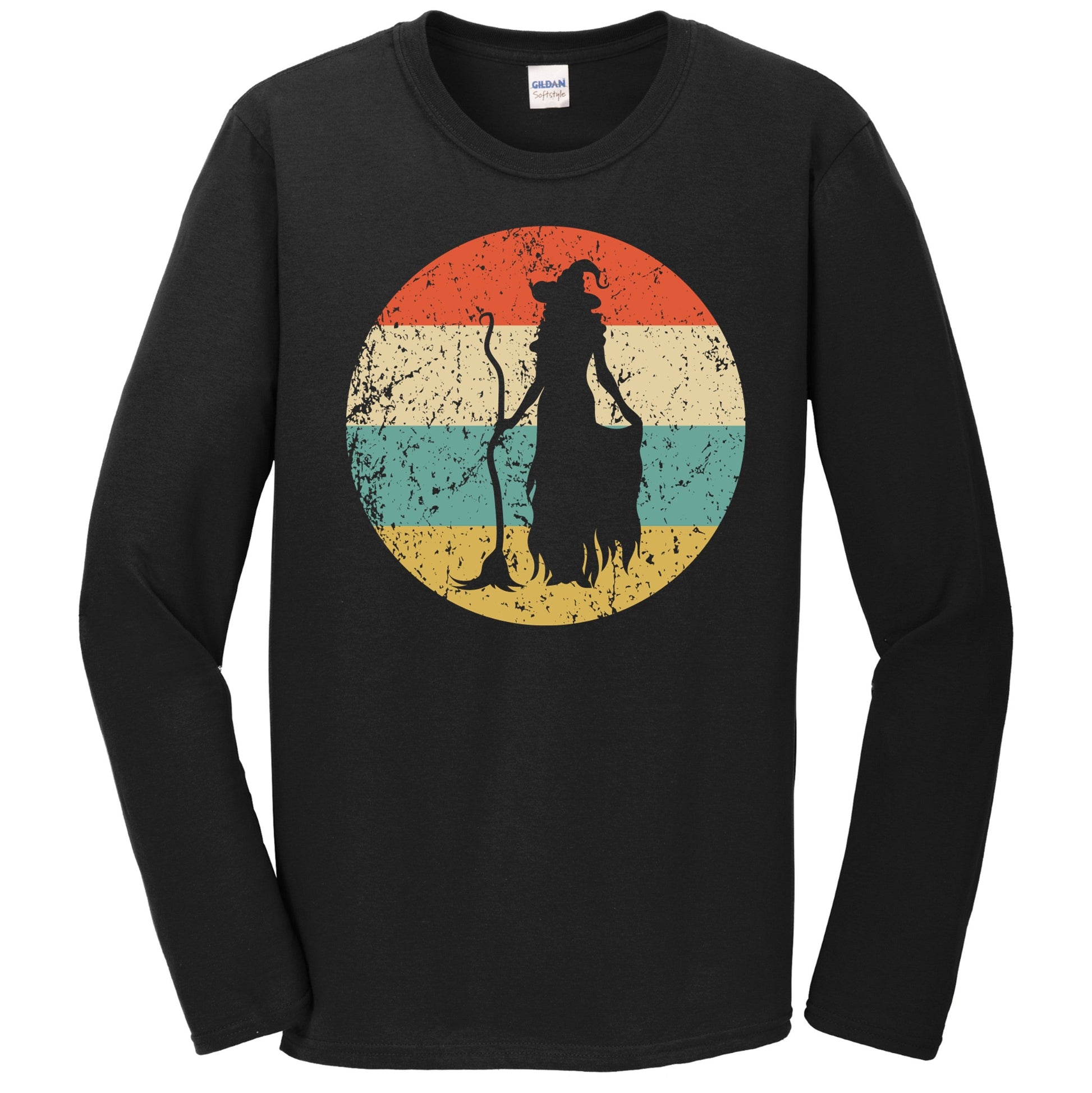 Retro Spooky Scary Witch with Broom Silhouette Halloween Long Sleeve T-Shirt