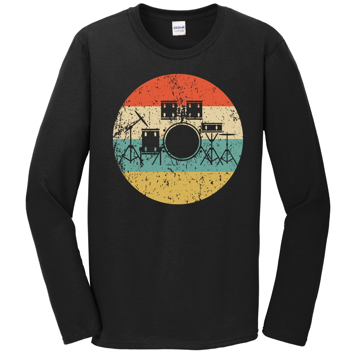 Drum Set Silhouette Retro Music Musician Musical Instrument Long Sleeve T-Shirt