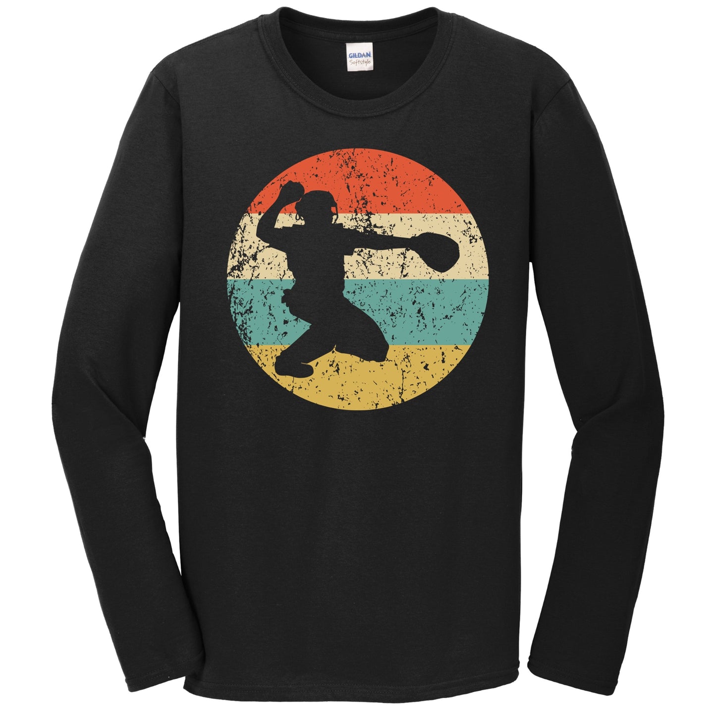 Baseball Player Catcher Silhouette Retro Sports Long Sleeve T-Shirt