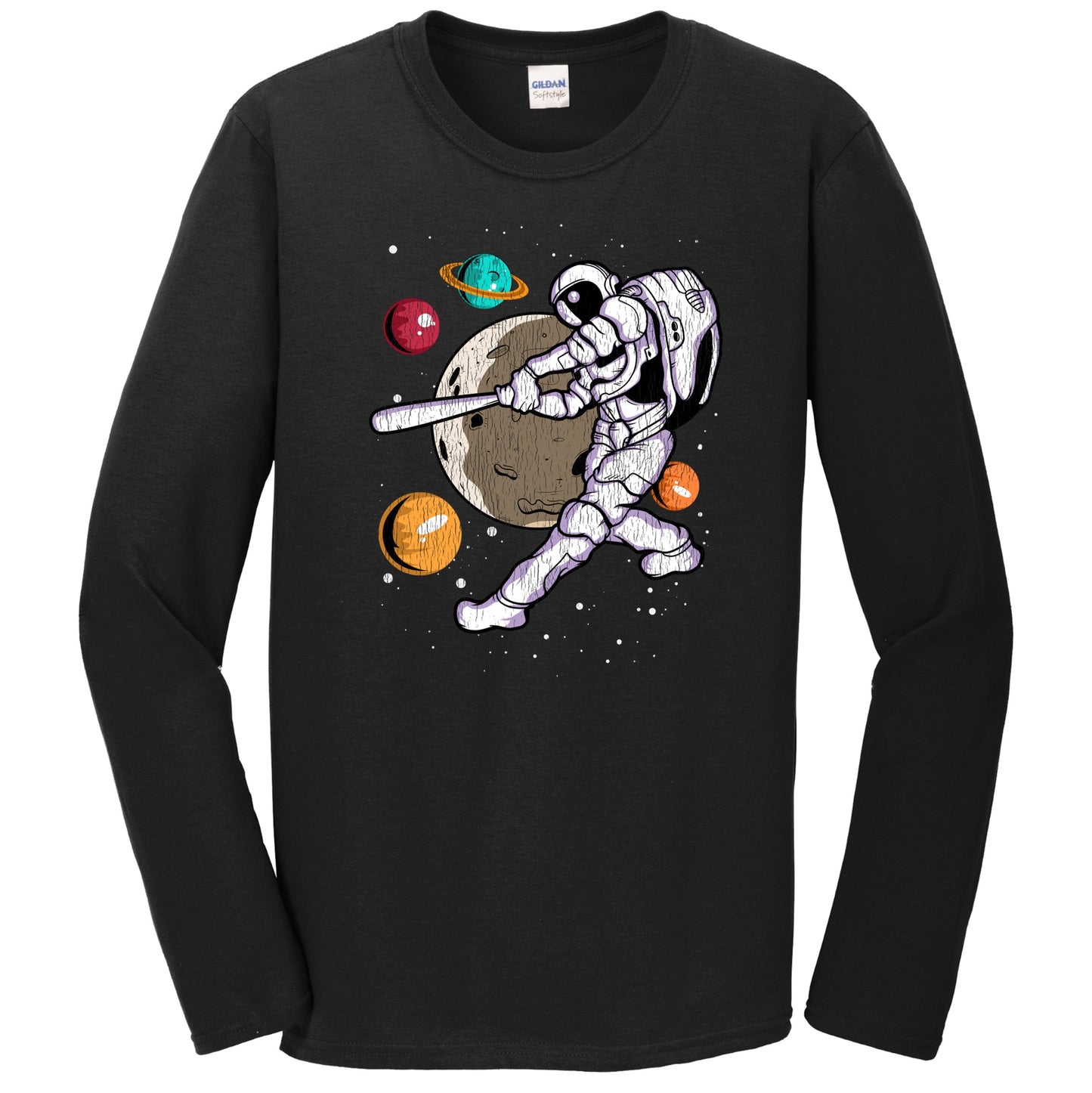 Baseball Batter Astronaut Outer Space Spaceman Distressed Long Sleeve T-Shirt
