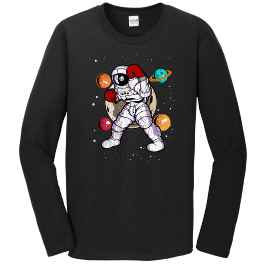 Boxing Astronaut Outer Space Spaceman Distressed Long Sleeve T-Shirt