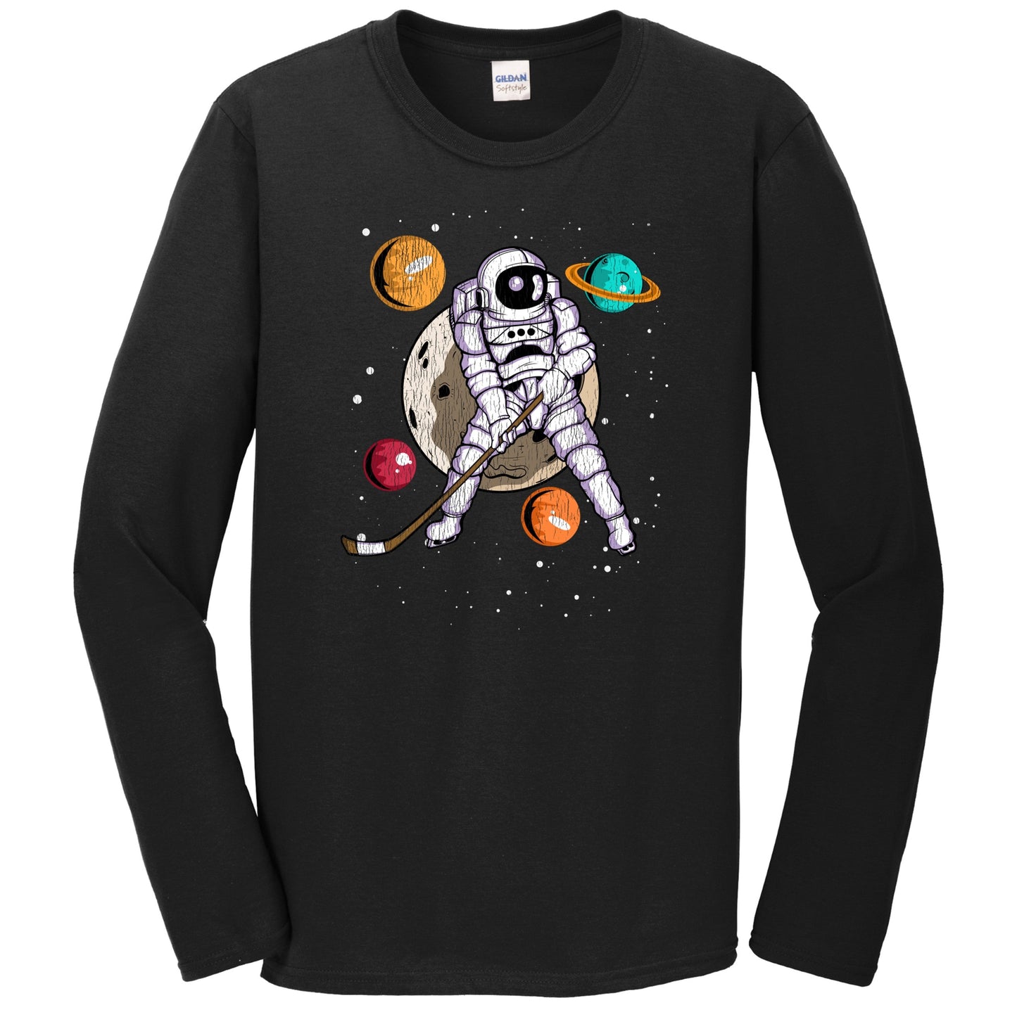 Hockey Astronaut Outer Space Spaceman Distressed Long Sleeve T-Shirt