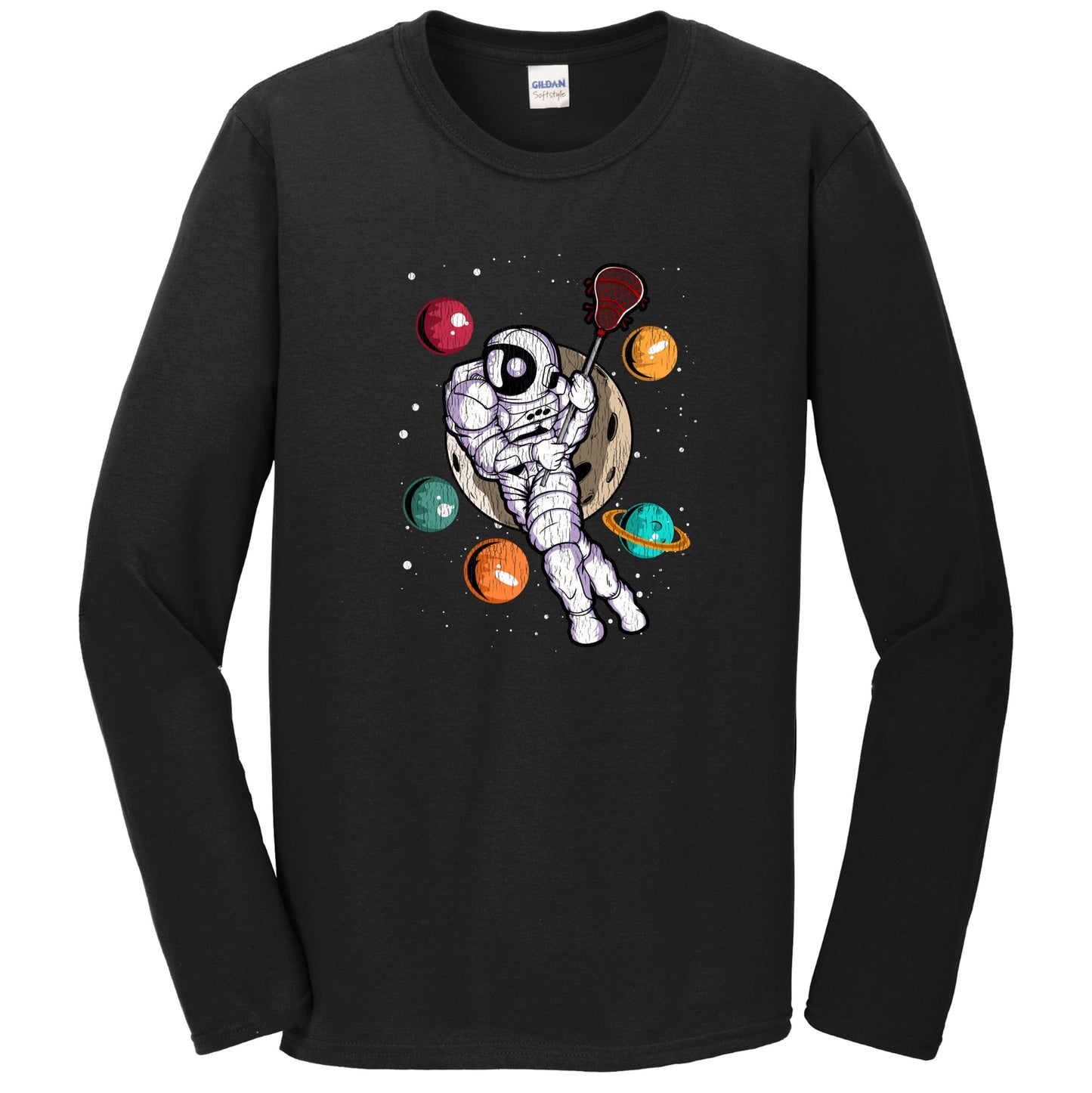 Lacrosse Astronaut Outer Space Spaceman Distressed Long Sleeve T-Shirt