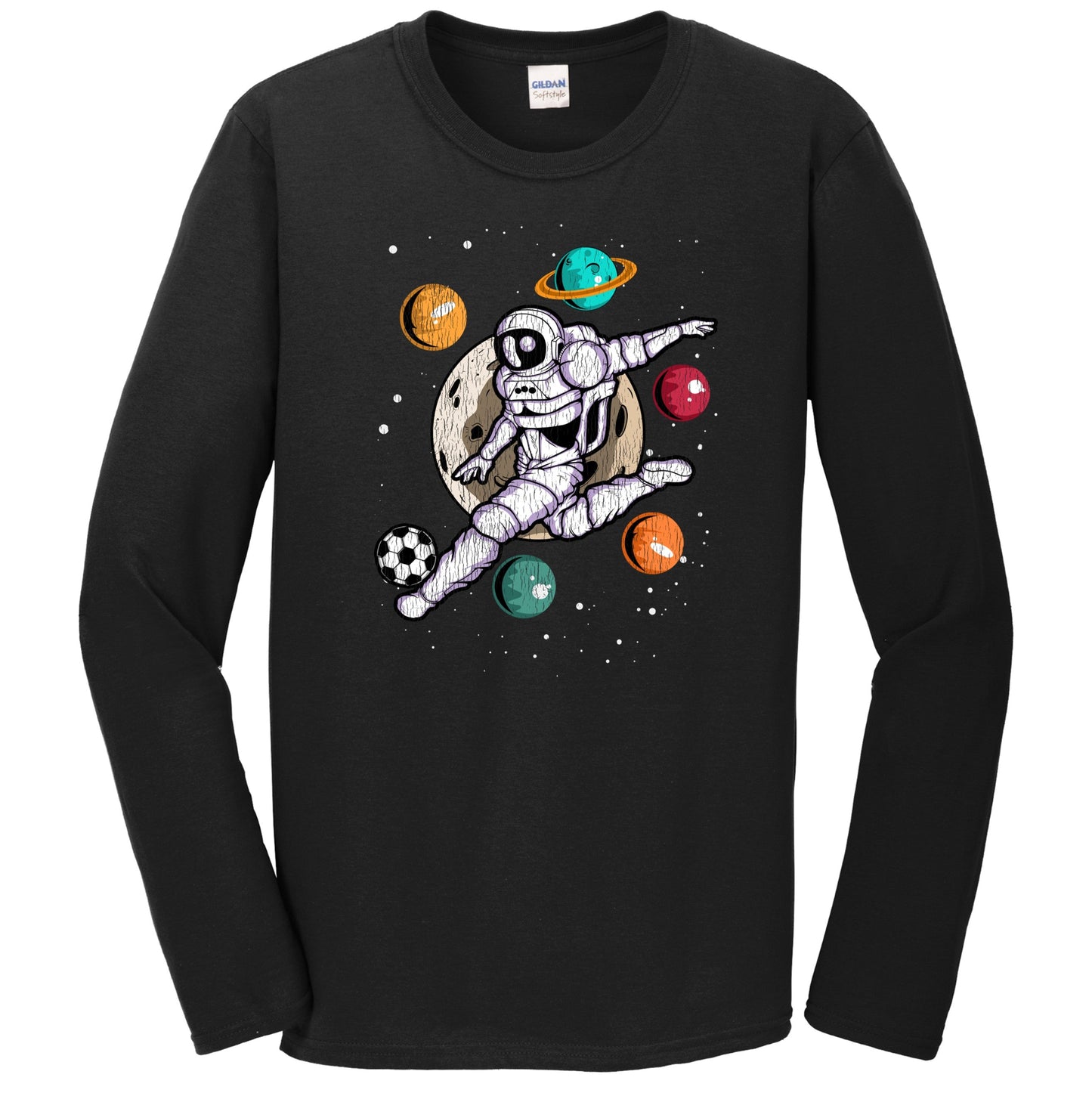 Soccer Astronaut Outer Space Spaceman Distressed Long Sleeve T-Shirt