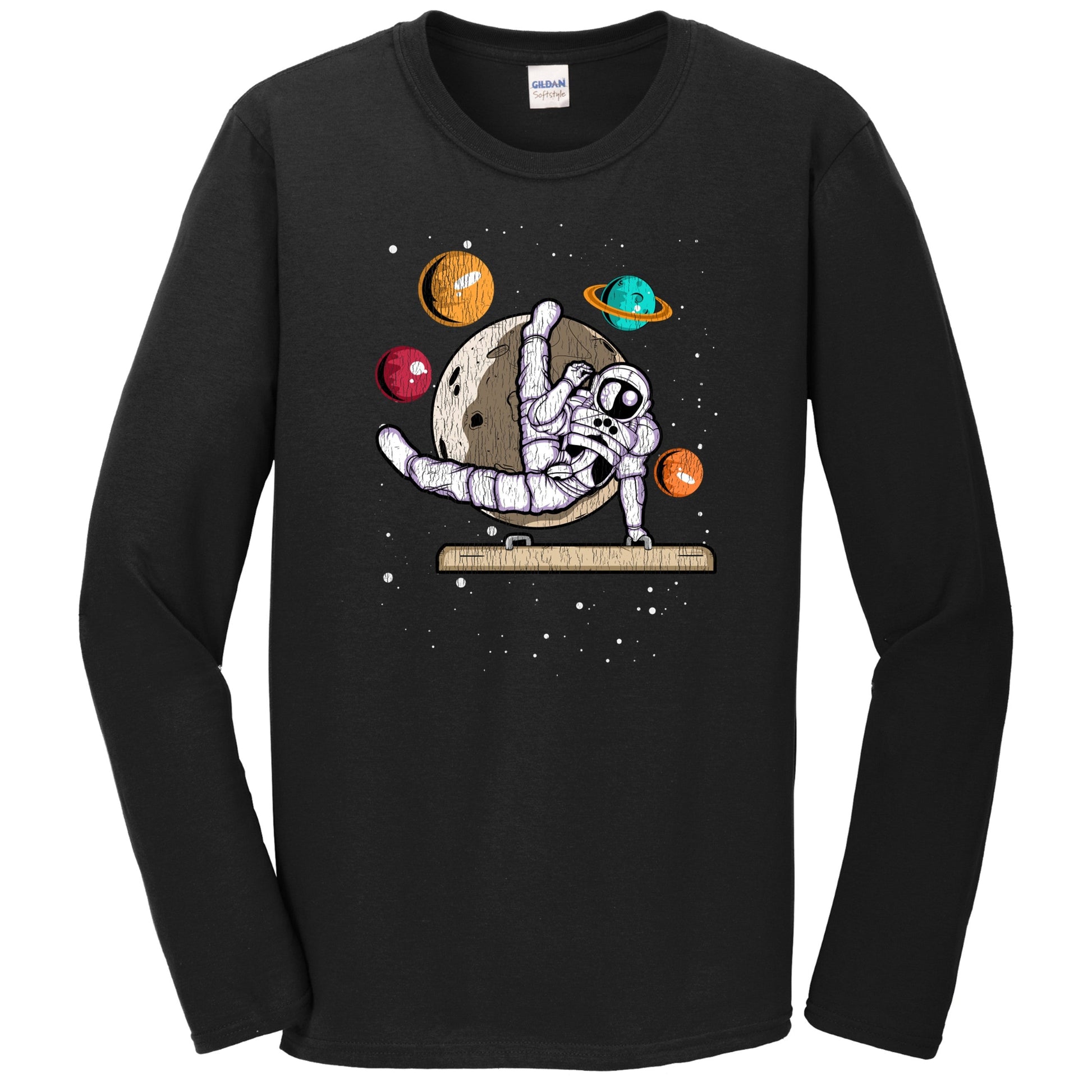 Male Gymnast Astronaut Outer Space Spaceman Gymnastics Distressed Long Sleeve T-Shirt