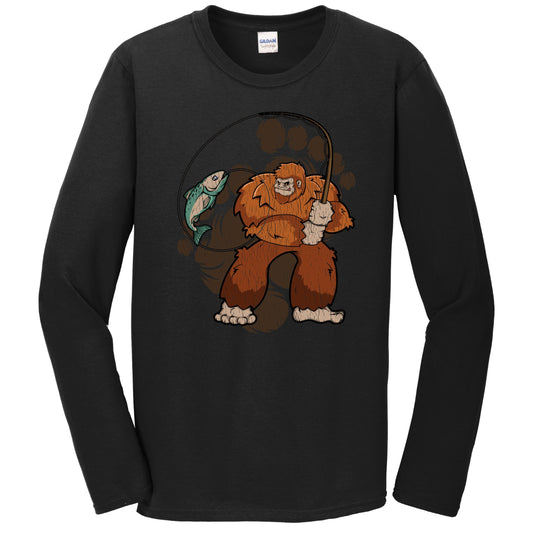 Bigfoot Fishing Shirt - Sasquatch Catching a Fish Long Sleeve T-Shirt