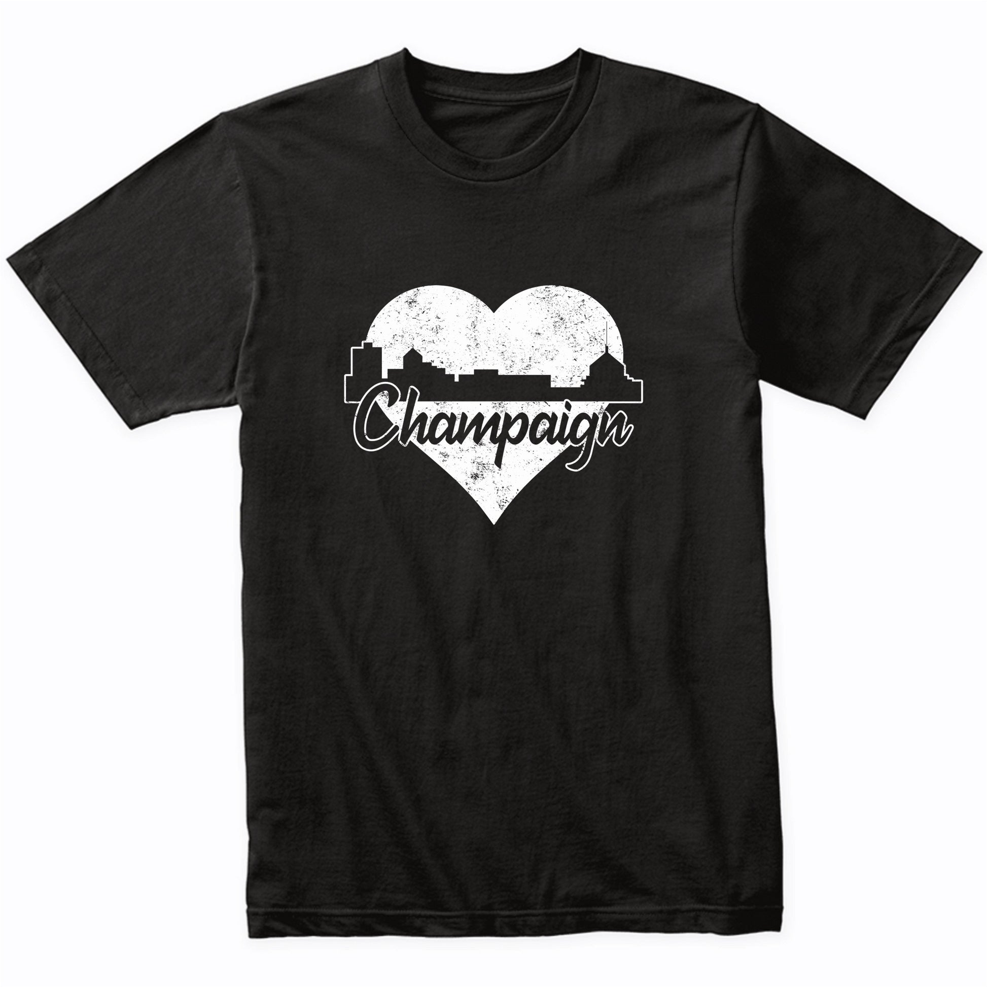 Retro Champaign Illinois Skyline Heart Distressed T-Shirt