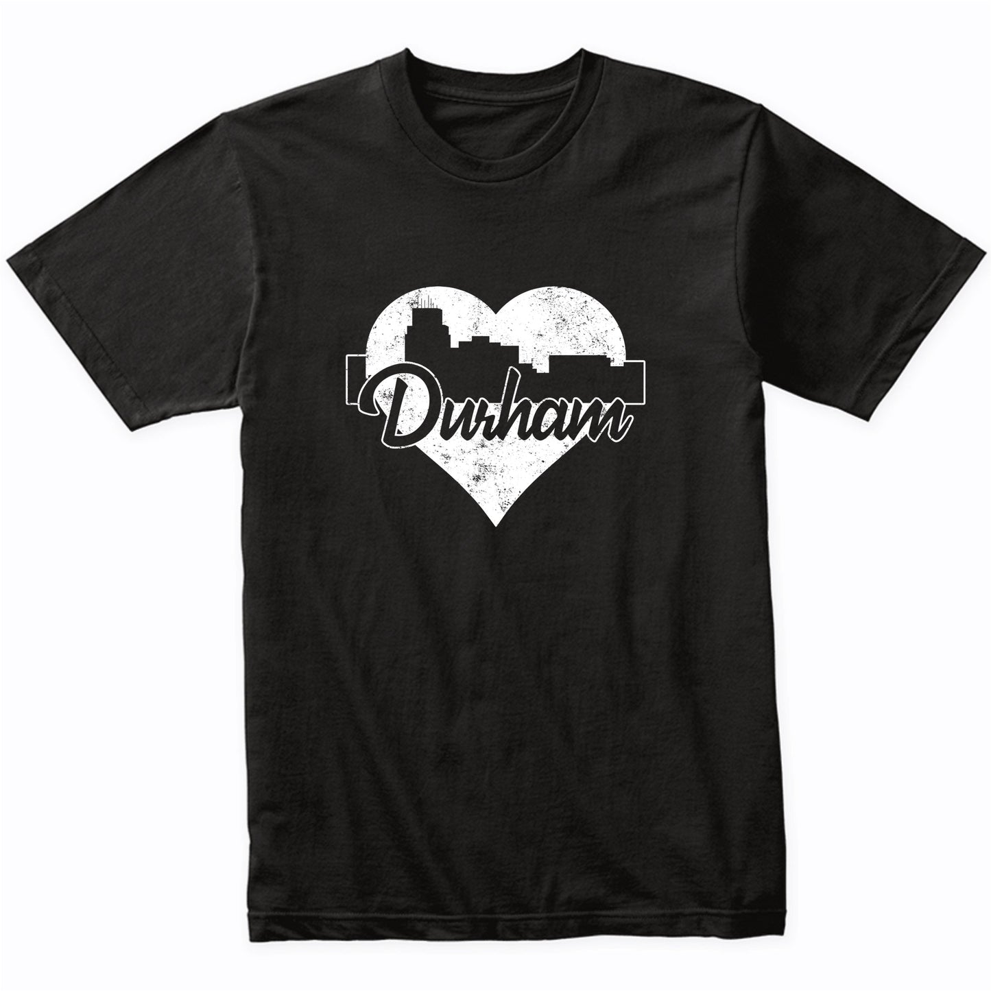 Retro Durham North Carolina Skyline Heart Distressed T-Shirt