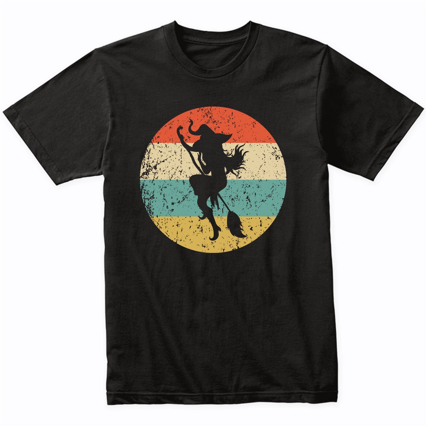 Halloween Spooky Scary Flying Witch on Broom Stick Retro T-Shirt