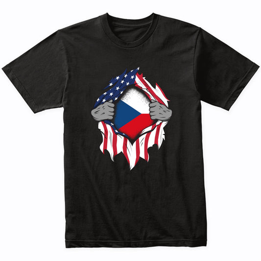 Czech American Flags Hands Ripping Flag on Chest T-Shirt
