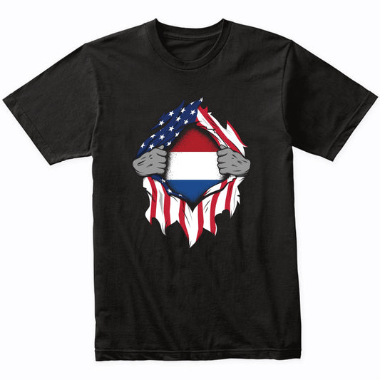 Dutch American Flags Hands Ripping Flag on Chest T-Shirt