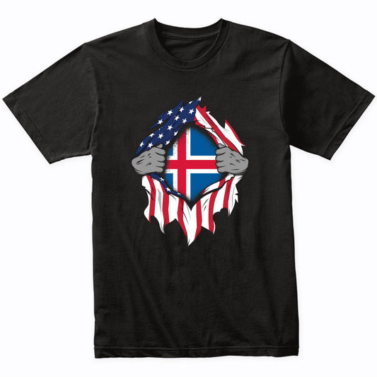 Icelandic American Flags Hands Ripping Flag on Chest T-Shirt
