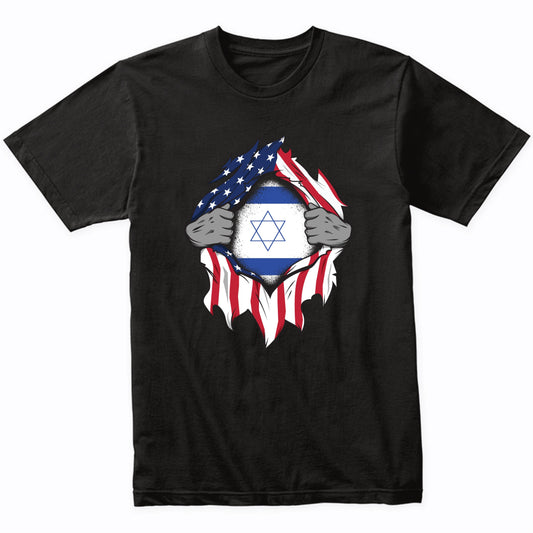 Israeli American Flags Hands Ripping Flag on Chest T-Shirt