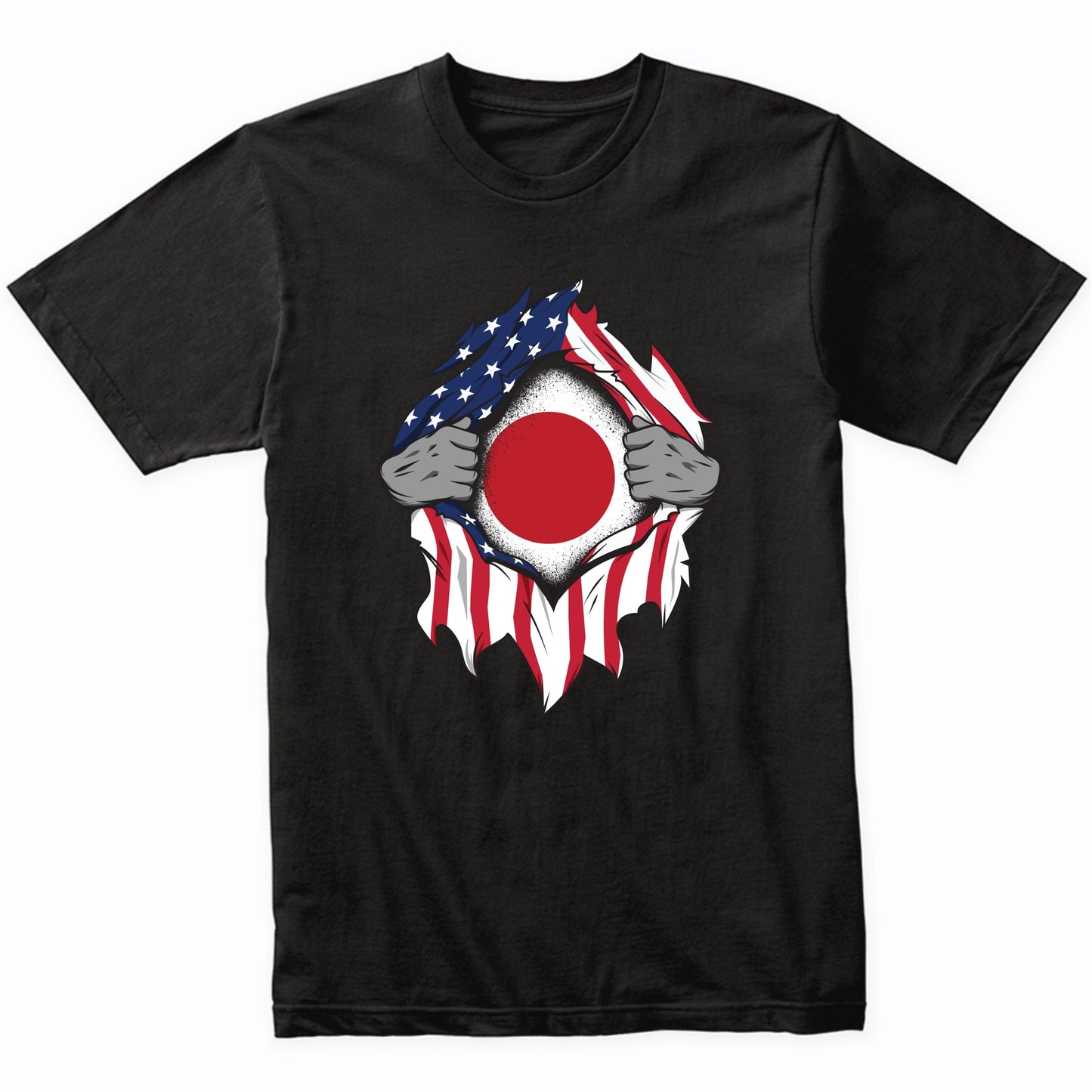 Japanese American Flags Hands Ripping Flag on Chest T-Shirt