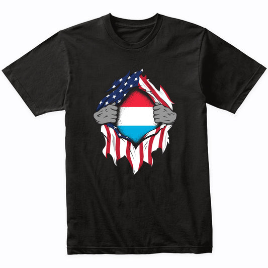 Luxembourgish American Flags Hands Ripping Flag on Chest T-Shirt