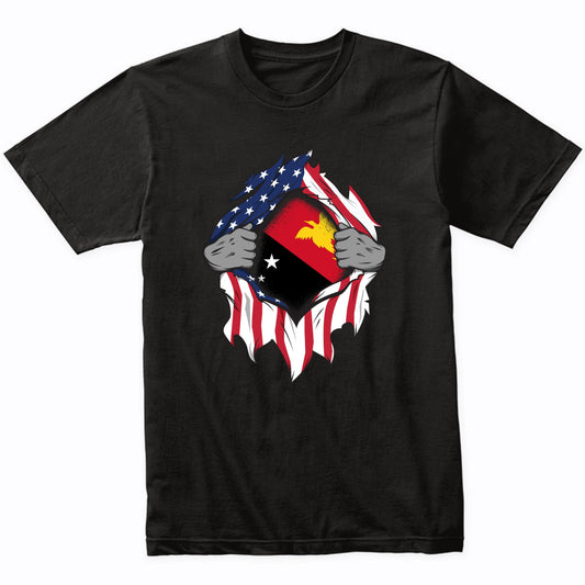 Papuan American Flags Hands Ripping Flag on Chest T-Shirt
