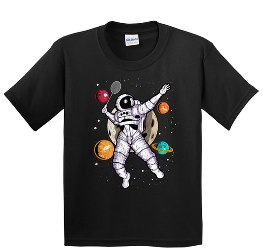Badminton Astronaut Outer Space Spaceman Distressed Youth T-Shirt