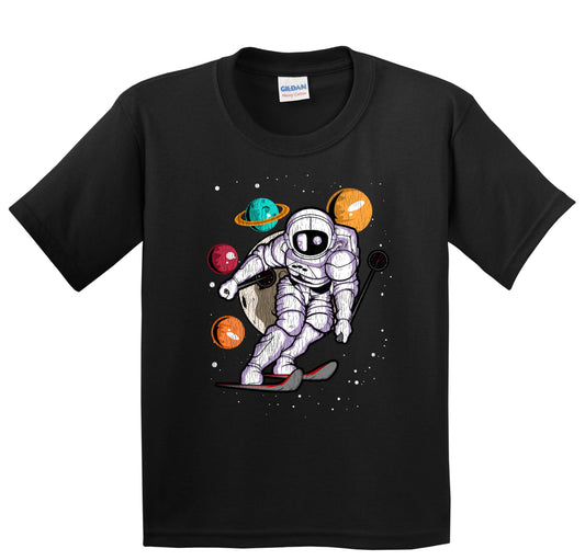 Skiing Astronaut Outer Space Spaceman Distressed Youth T-Shirt