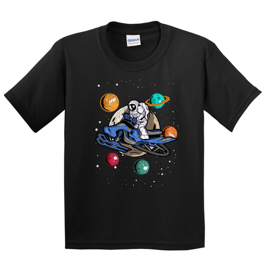 Snowmobiling Astronaut Outer Space Spaceman Snowmobile Distressed Youth T-Shirt