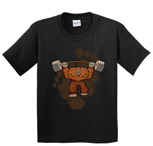 Kids Bigfoot Weightlifting Shirt - Sasquatch Lifting Weights Youth T-Shirt