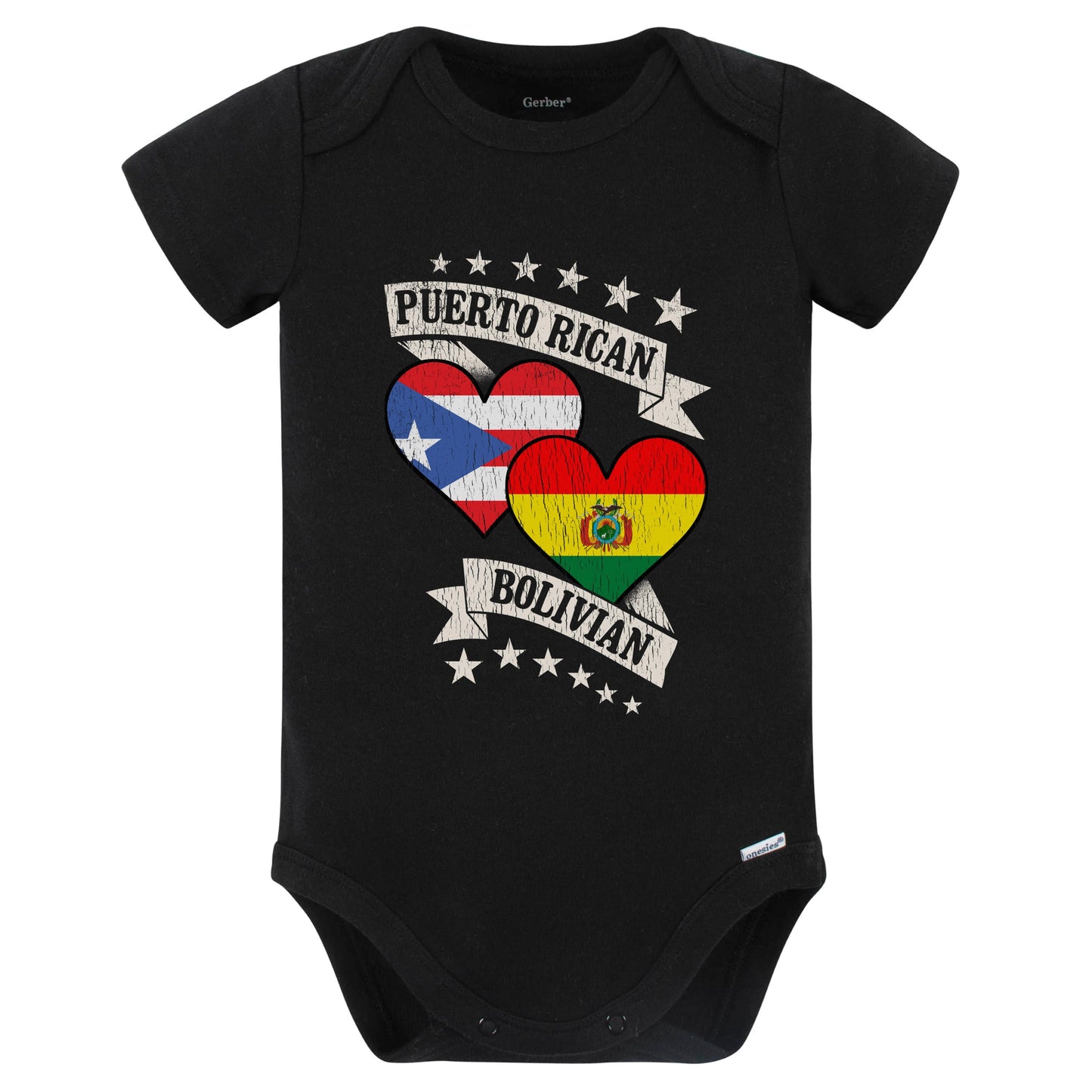 Puerto Rican Bolivian Heart Flags Puerto Rico Bolivia Baby Bodysuit (Black)
