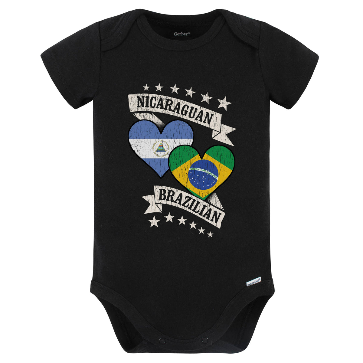 Nicaraguan Brazilian Heart Flags Nicaragua Brazil Baby Bodysuit (Black)