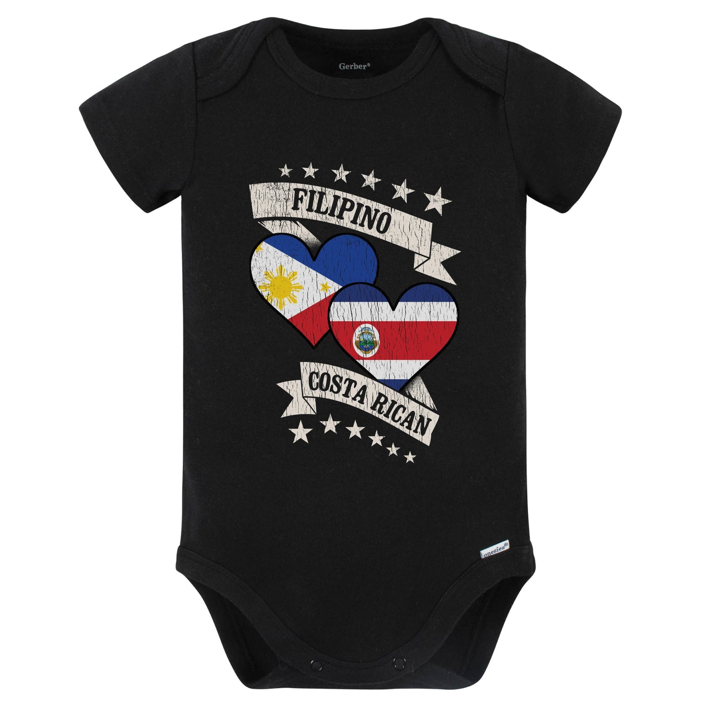 Filipino Costa Rican Heart Flags Philippines Costa Rica Baby Bodysuit (Black)