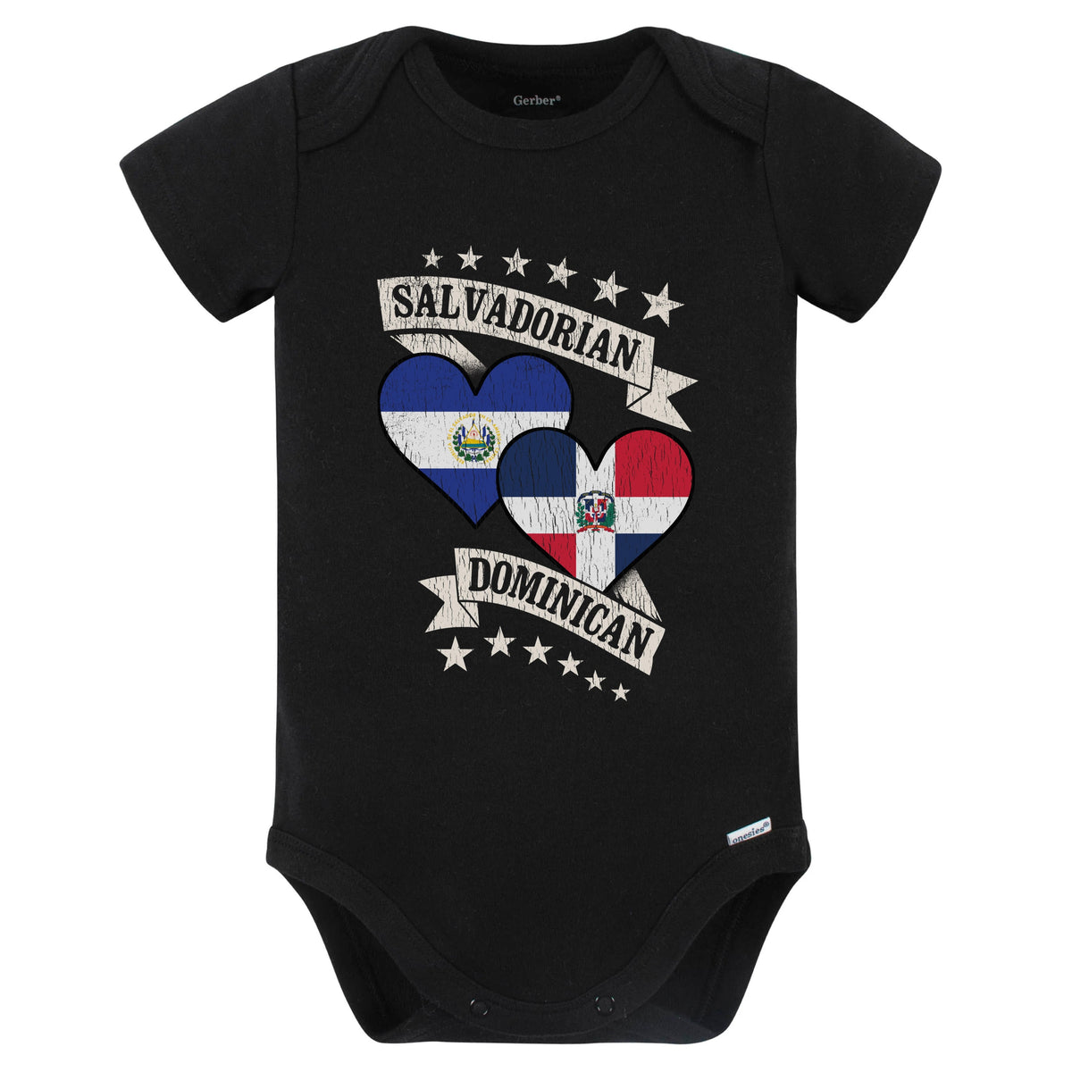 Salvadorian Dominican Heart Flags El Salvador Dominican Republic Baby Bodysuit (Black)