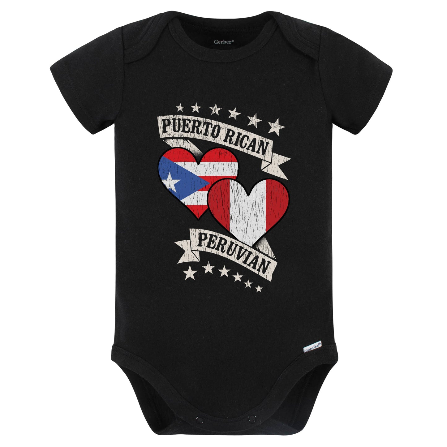 Puerto Rican Peruvian Heart Flags Puerto Rico Peru Baby Bodysuit (Black)