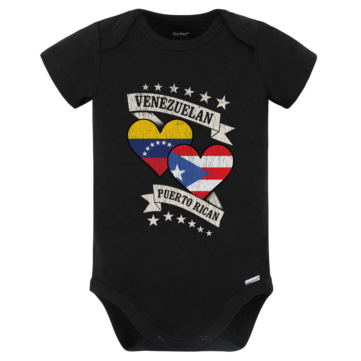 Venezuela Puerto Rican Heart Flags Venezuela Puerto Rico Baby Bodysuit (Black)