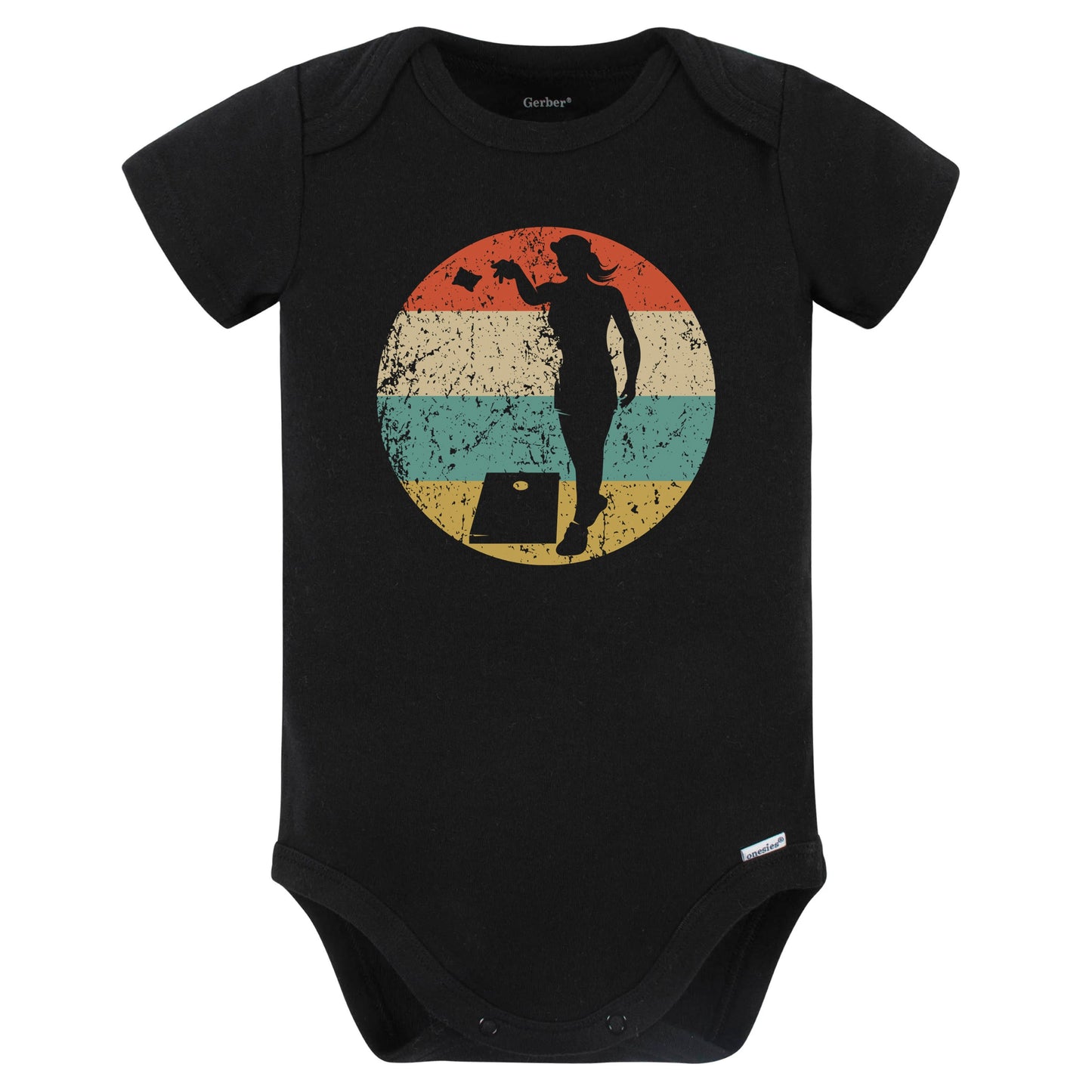 Retro Cornhole Toss Female Athlete Girls Sports Baby Bodysuit (Black)
