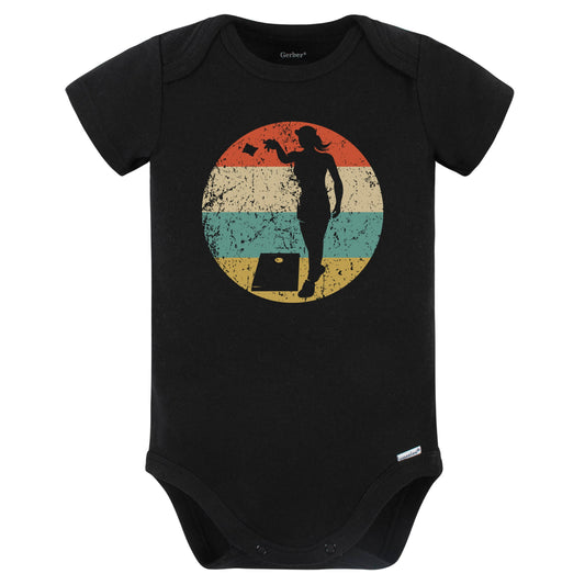 Retro Cornhole Toss Female Athlete Girls Sports Baby Bodysuit (Black)