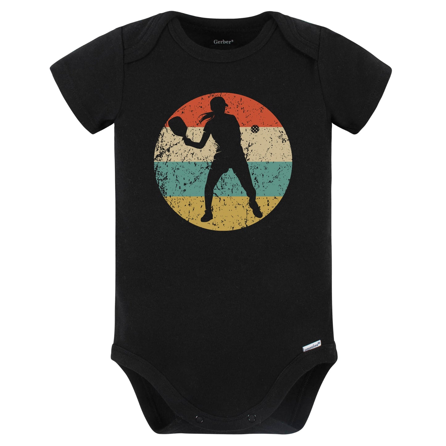 Retro Pickleball Player Female Athlete Girls Sports Baby Bodysuit (Black)