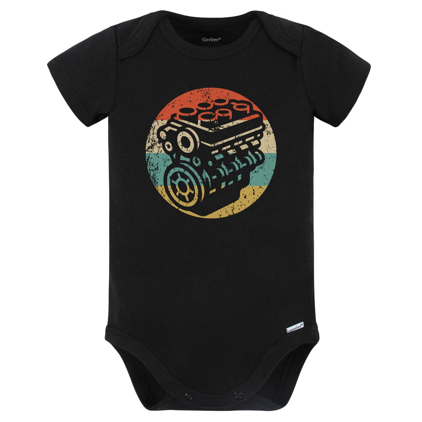 Retro Car Engine Vintage Style Mechanic Baby Bodysuit (Black)