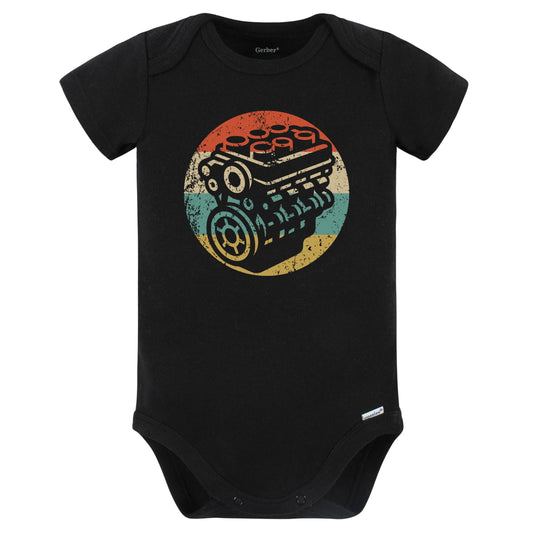 Retro Car Engine Vintage Style Mechanic Baby Bodysuit (Black)