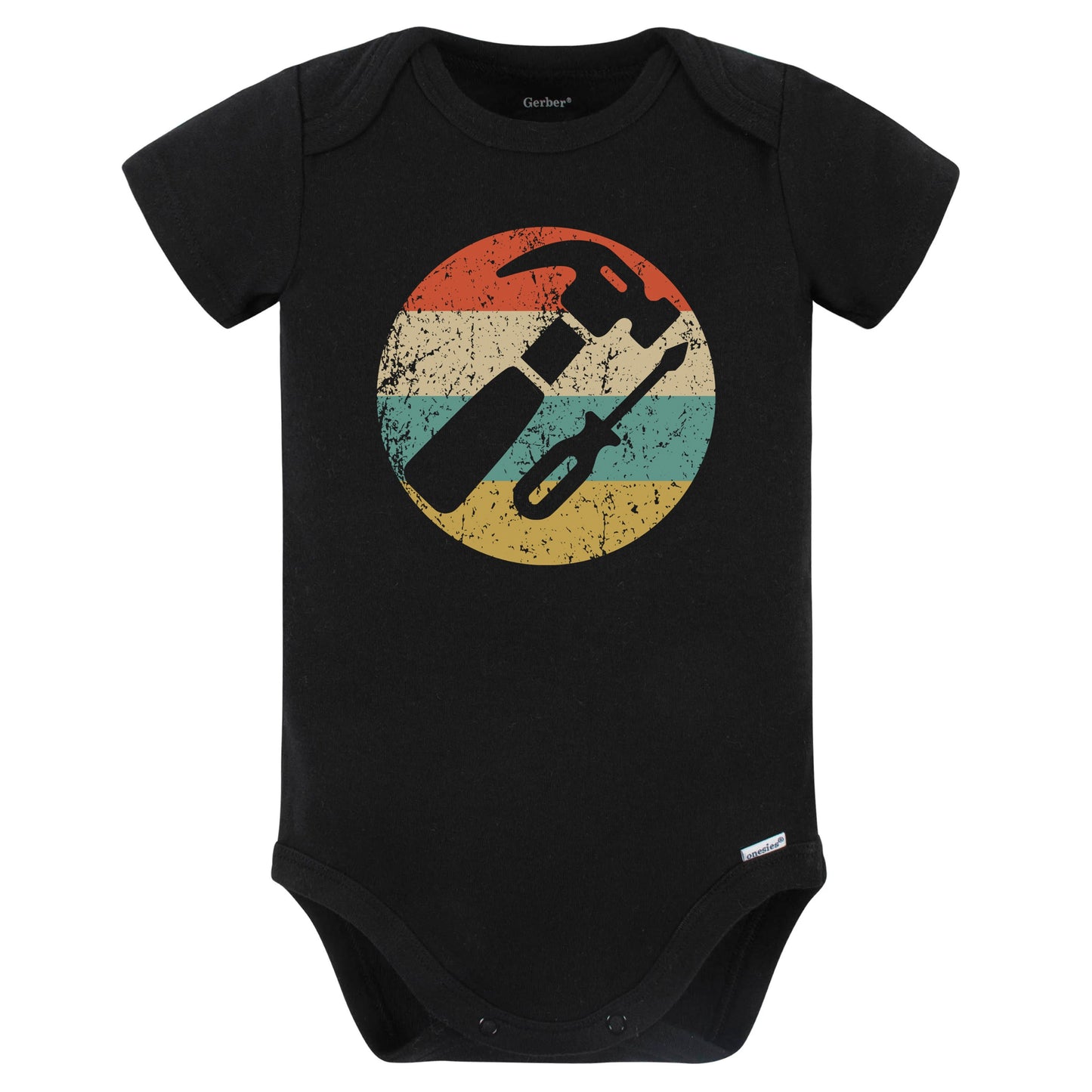 Retro Hammer and Screwdriver Vintage Style Carpenter Baby Bodysuit (Black)