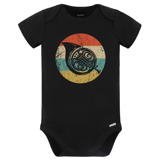 Retro French Horn Vintage Style Musician Musical Instrument Baby Bodysuit (Black)