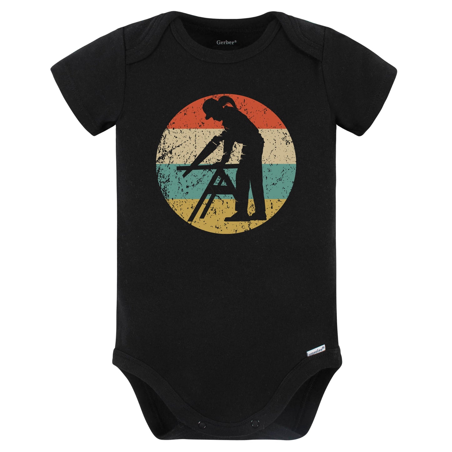 Retro Female Carpenter Sawing Vintage Style Carpentry Baby Bodysuit (Black)