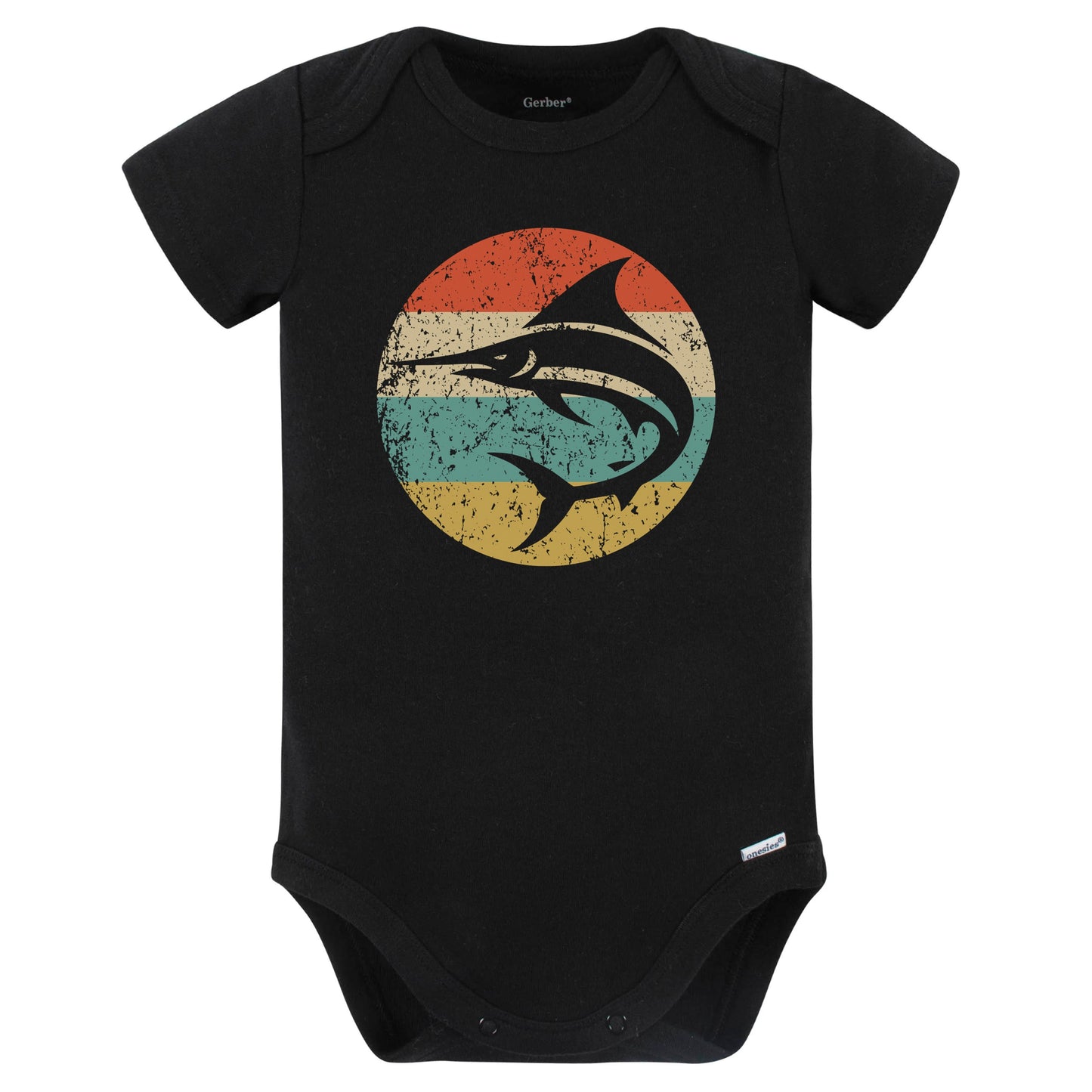 Retro Marlin Swordfish Vintage Style Ocean Big Game Fishing Baby Bodysuit (Black)