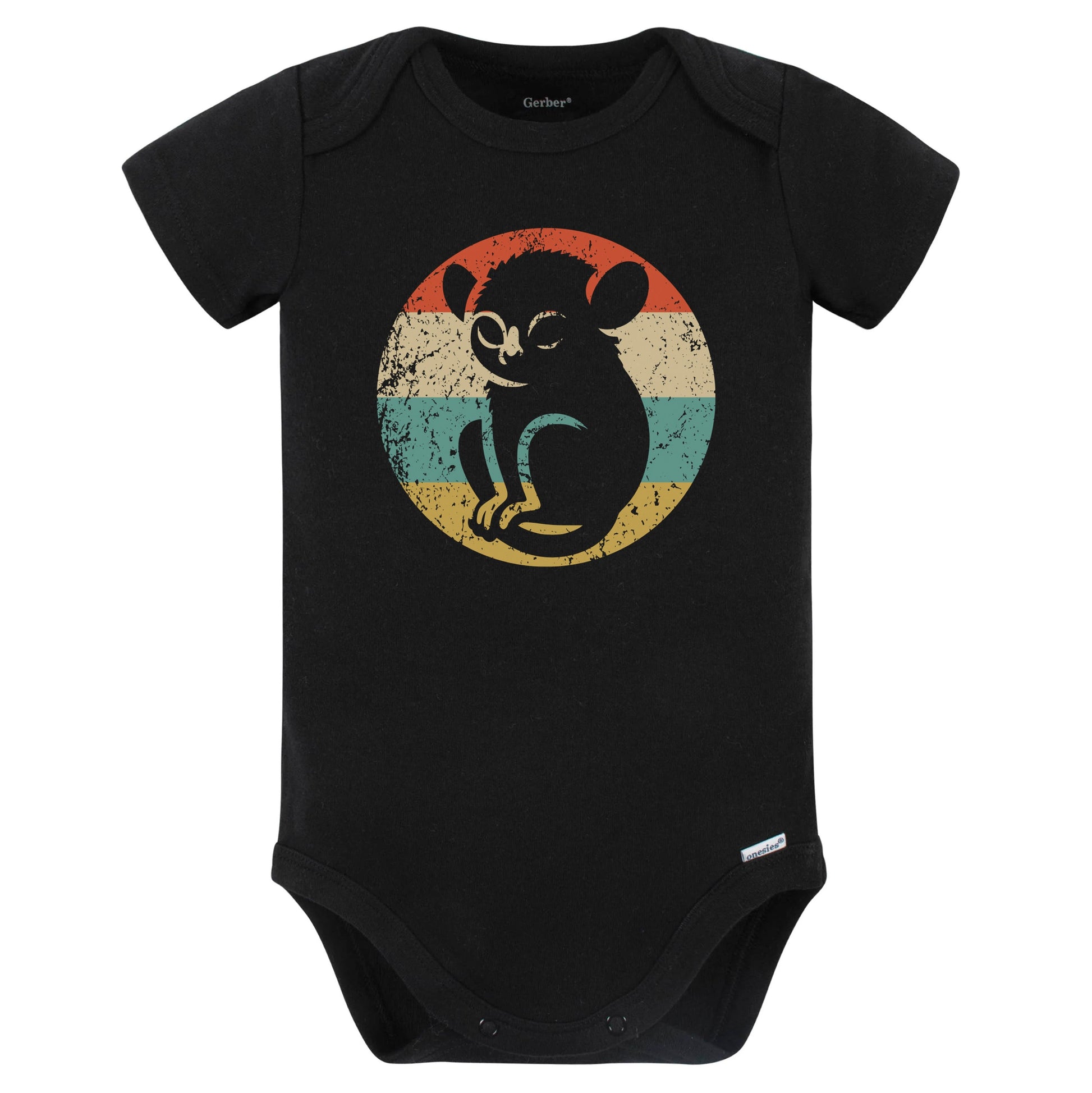 Retro Tarsier Monkey Vintage Style Cute Animal Baby Bodysuit (Black)