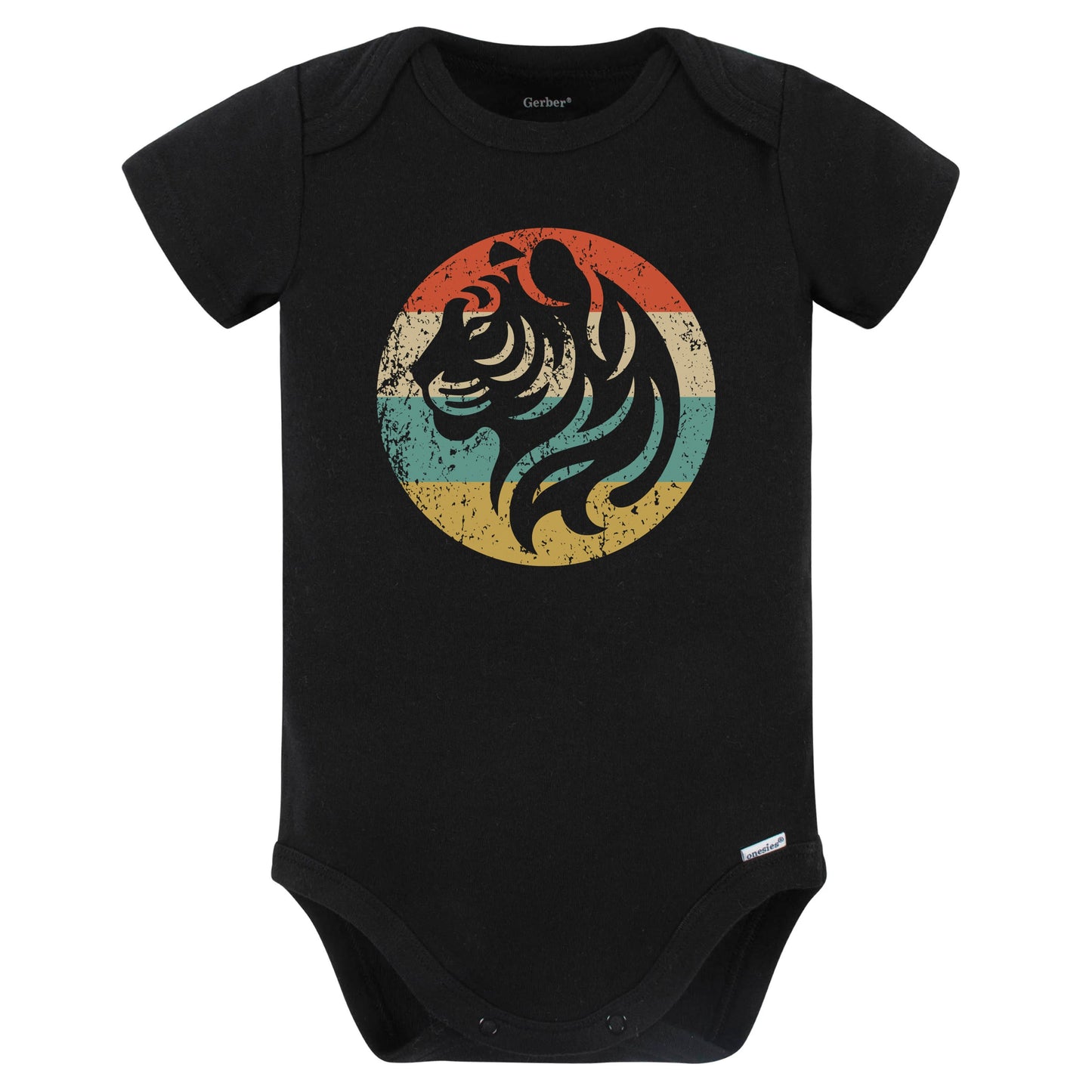 Retro Tiger Vintage Style Wild Animal Baby Bodysuit (Black)